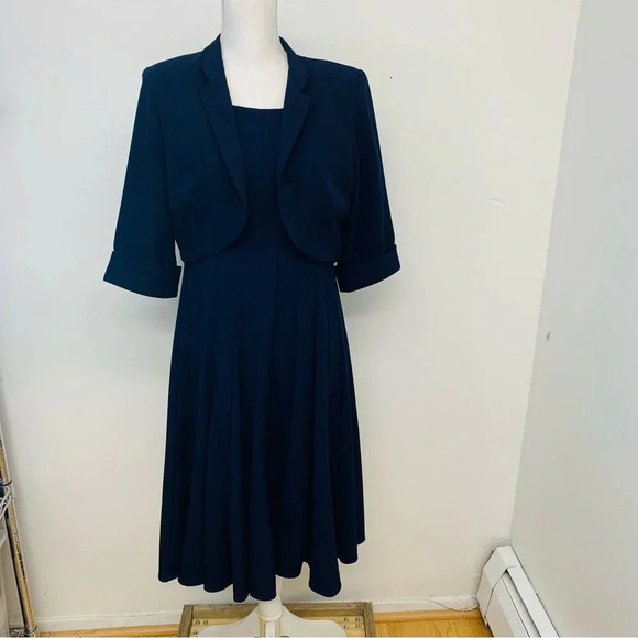 Vtg 80s Dress Jacket 10 Navy Blue Midi Pleated Nautical Career  Classic Flowy - Picture 1 of 14